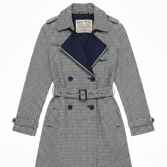 Jack Wills Womens Houndstooth Trench Coat Navy Blue White US 0 - Picture 1 of 4